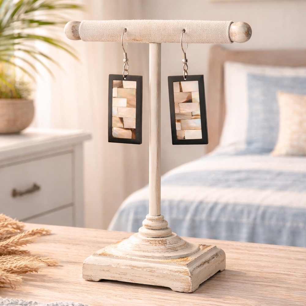 Rectangular Black and Cream Abalone Shell Earrings